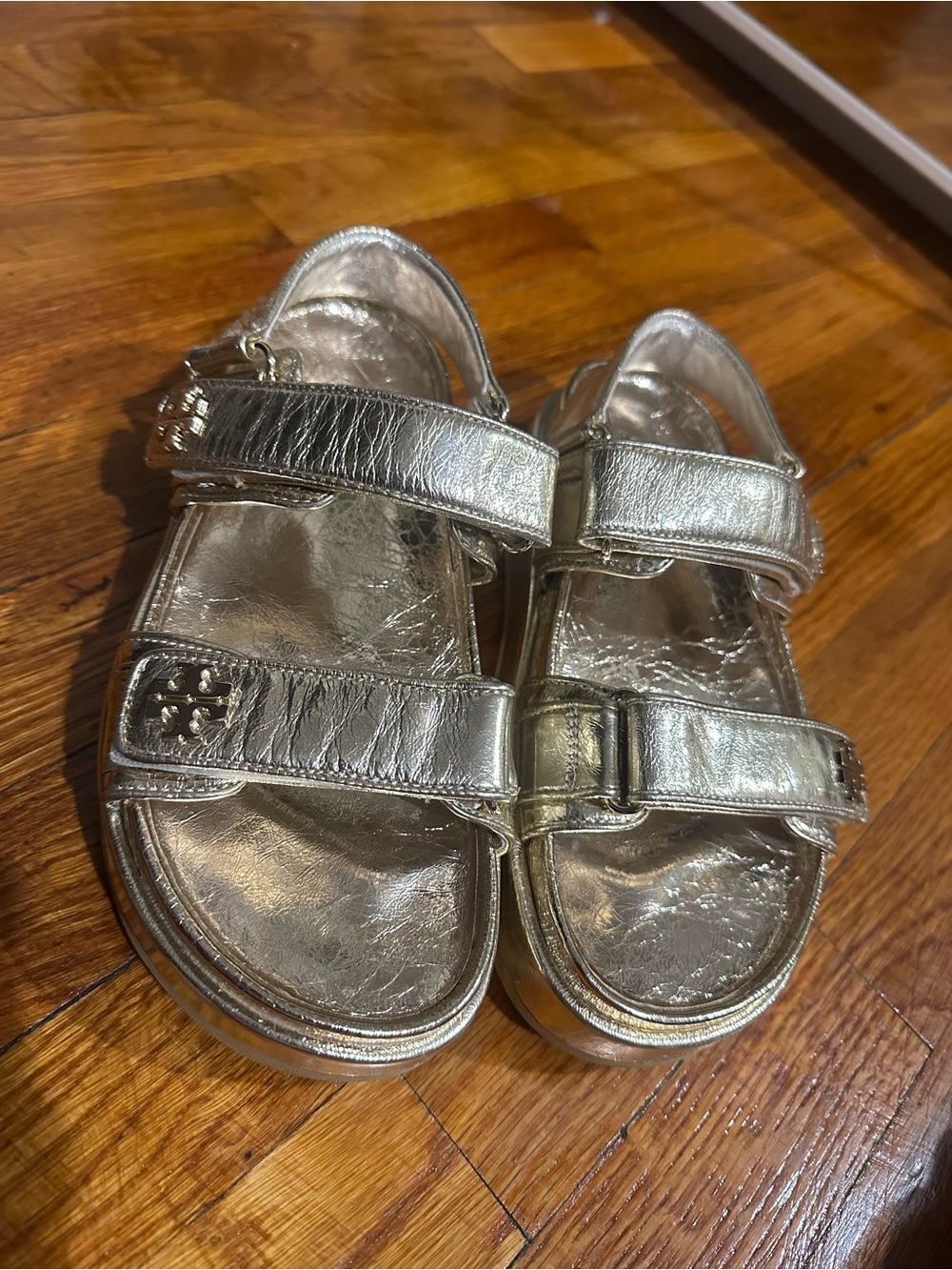 Tory Burch Metallic Gold Leather Velcro Strap Sandals